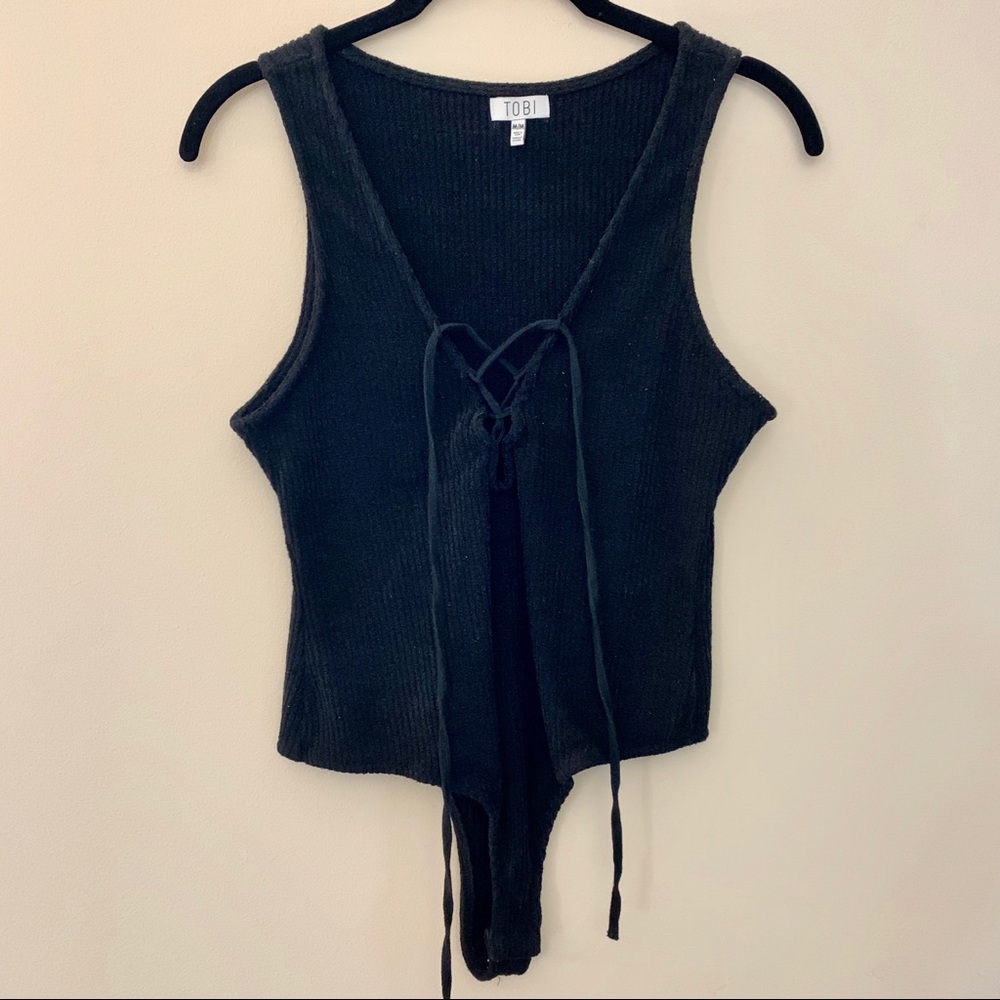 Tobi Black Ribbed Lace Up Bodysuit